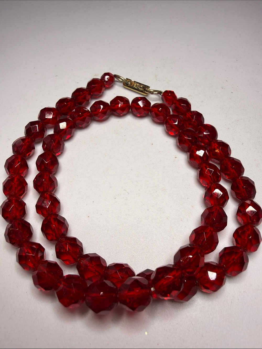Vintage Hobé Ruby Red Faceted Glass Bead Necklace Signed 17”